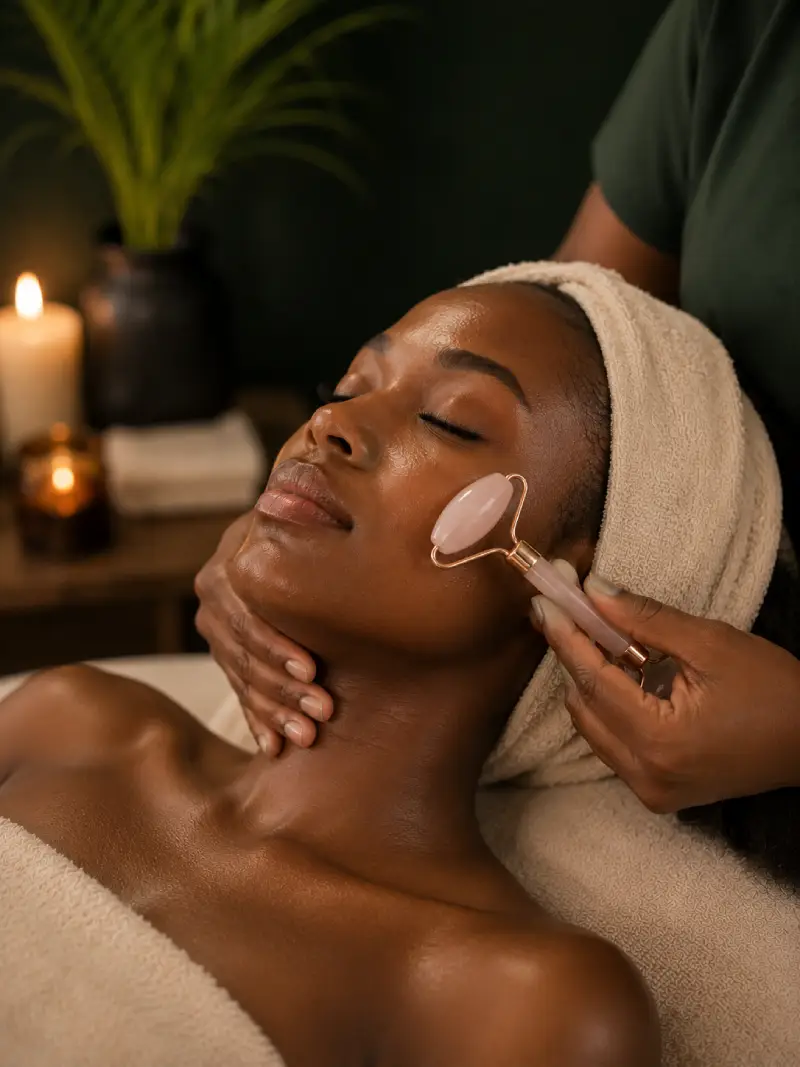 Facial treatment with rose quartz roller at Comfort Spa, Sukuta, The Gambia