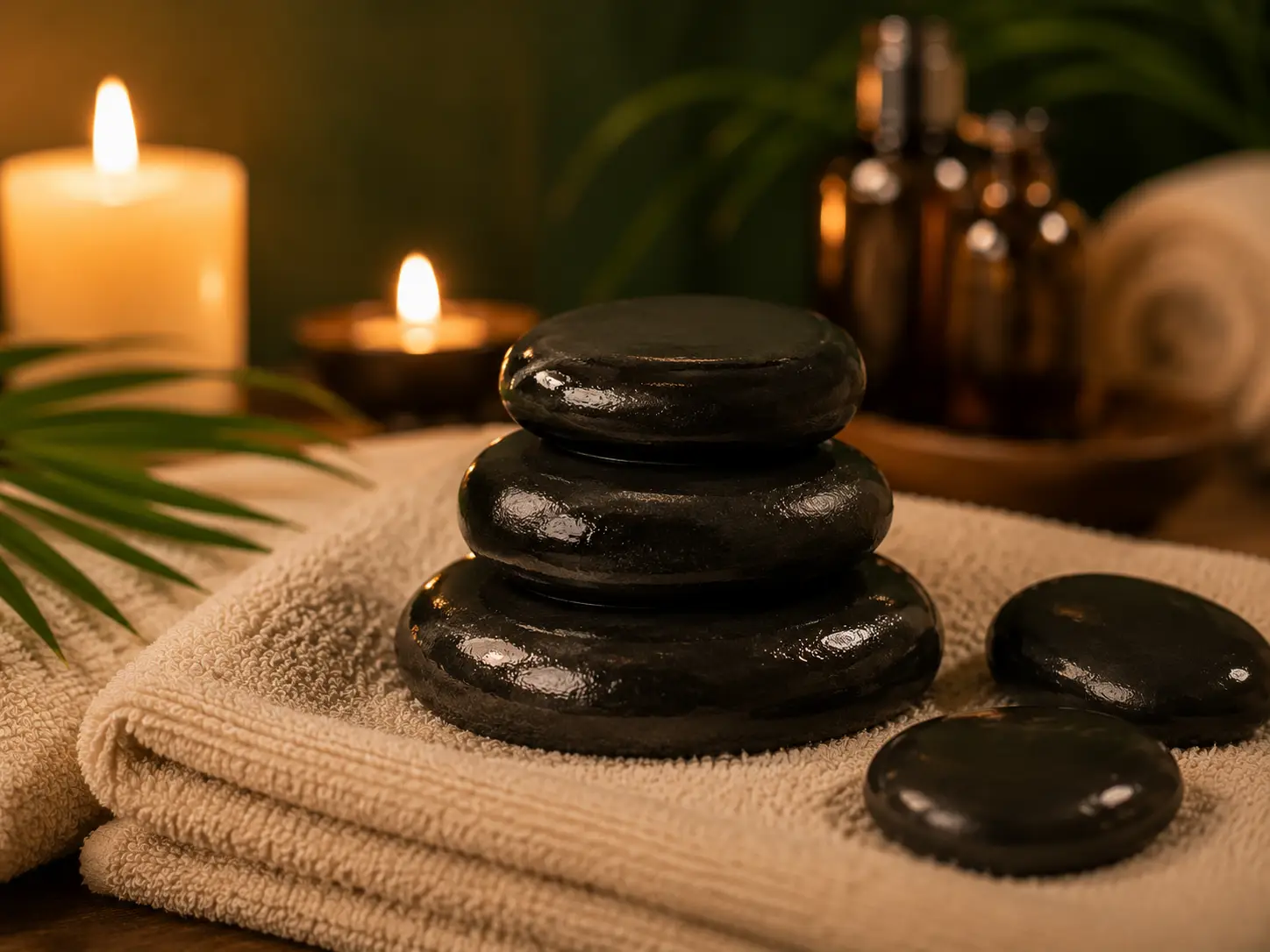 Warmed basalt stones on a cream towel at Comfort Spa, Sukuta