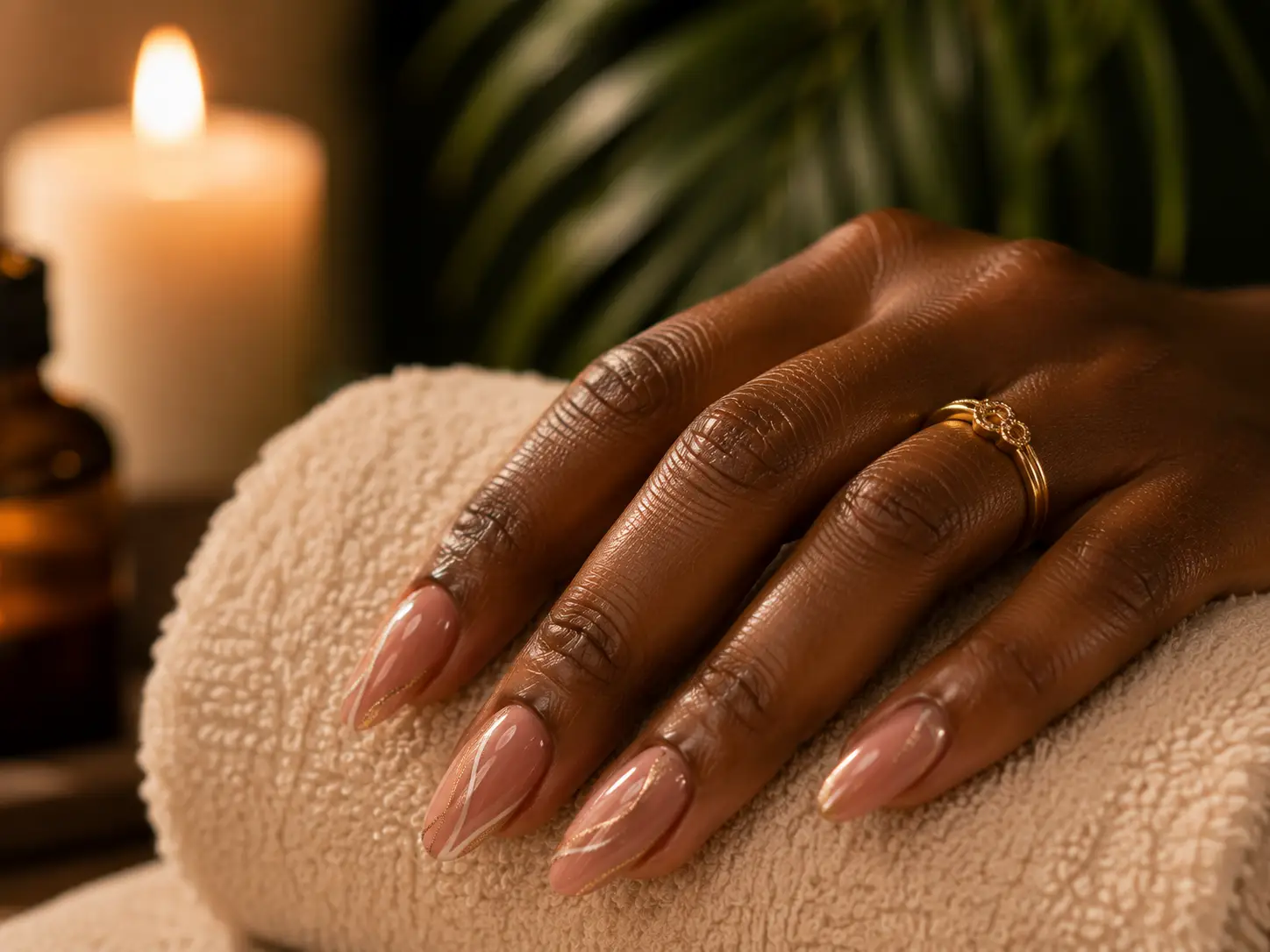 Nail art close-up with gold detailing at Comfort Spa, Sukuta, The Gambia