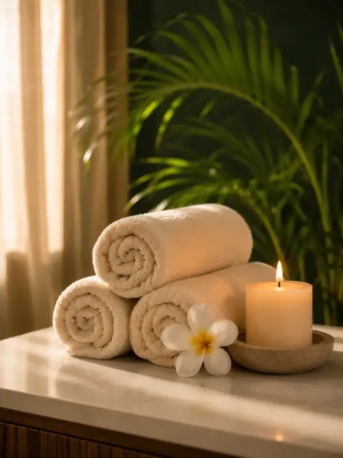 Spa towels, candle and frangipani — Comfort Spa gift voucher